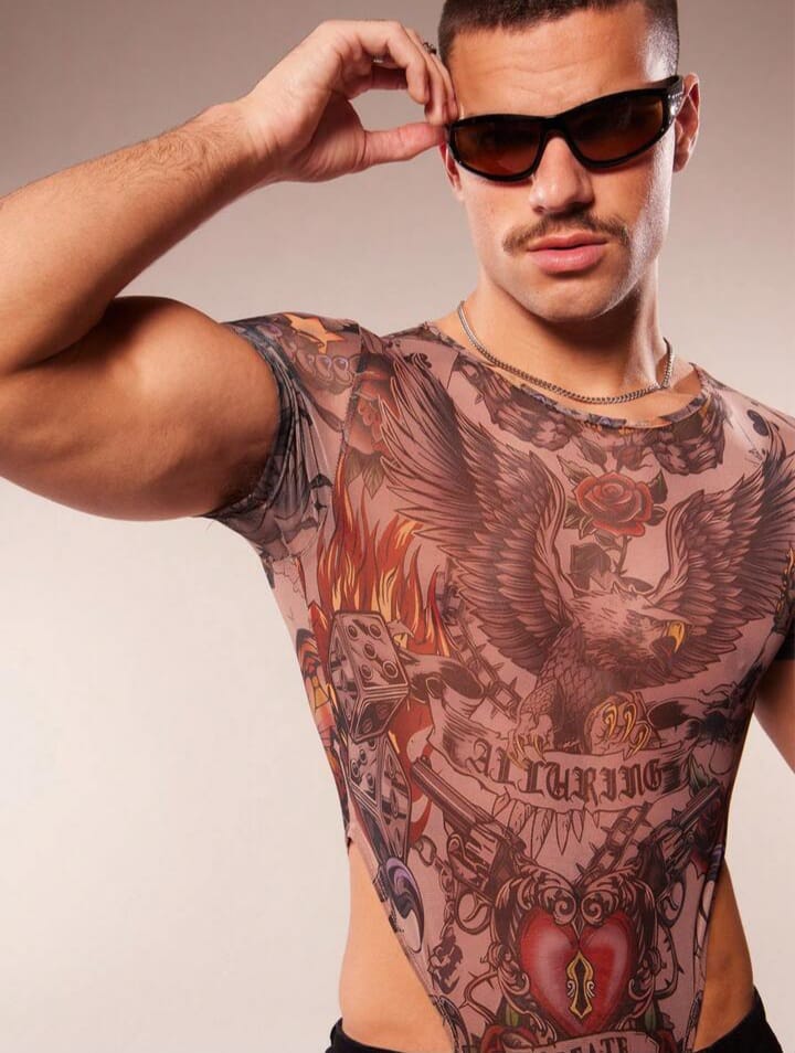Men's Eagle Print Round Neck Short Sleeve High Cut Mesh Bodysuit